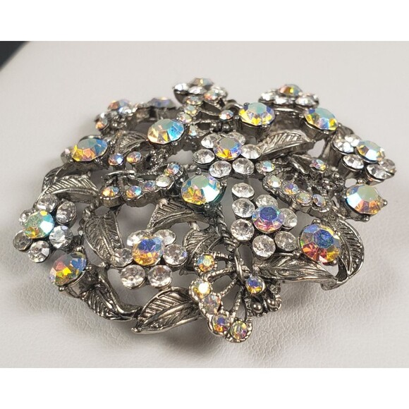 Vintage 1950's Flower Filigree AB Crystal Rhinestone Silver Tone 2" Brooch - Picture 12 of 14